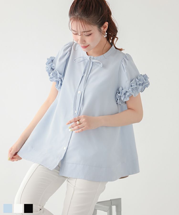 ボリュームフリルスリーブブラウス　フィットモア　限定カラー　ネイビー Fit more（フィットモア） ブラウス シャツ ボリュームフリルスリーブ