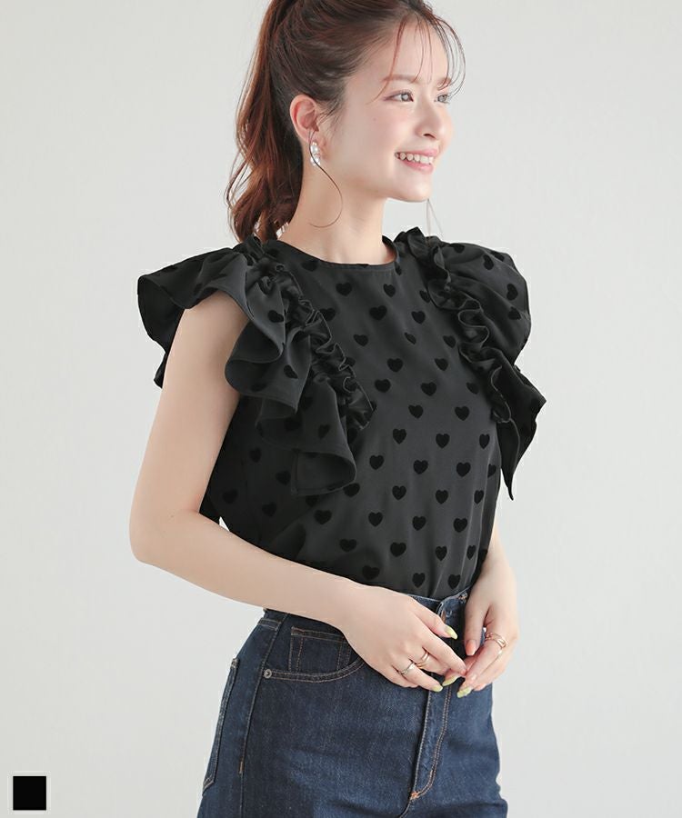 fitmore フロッキーハートショルダーフリルブラウス フロッキーハートショルダーフリルブラウス【メール便】 | Fit more