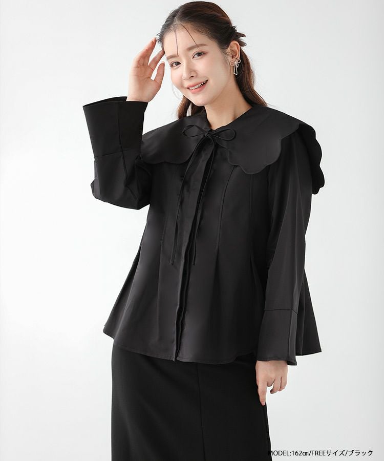 アンミヌ　ビッグカラーブラウス(BLACK) スカラップビッグカラーウエストタックブラウス【宅配便】 | Fit more