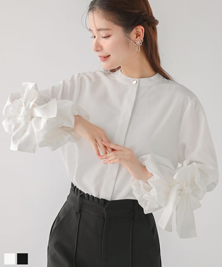新品同様　yori リボン付きバルーンスリーブ ブラウスジャケット　黒 バルーンリボンスリーブブラウス【宅配便】 | Fit more