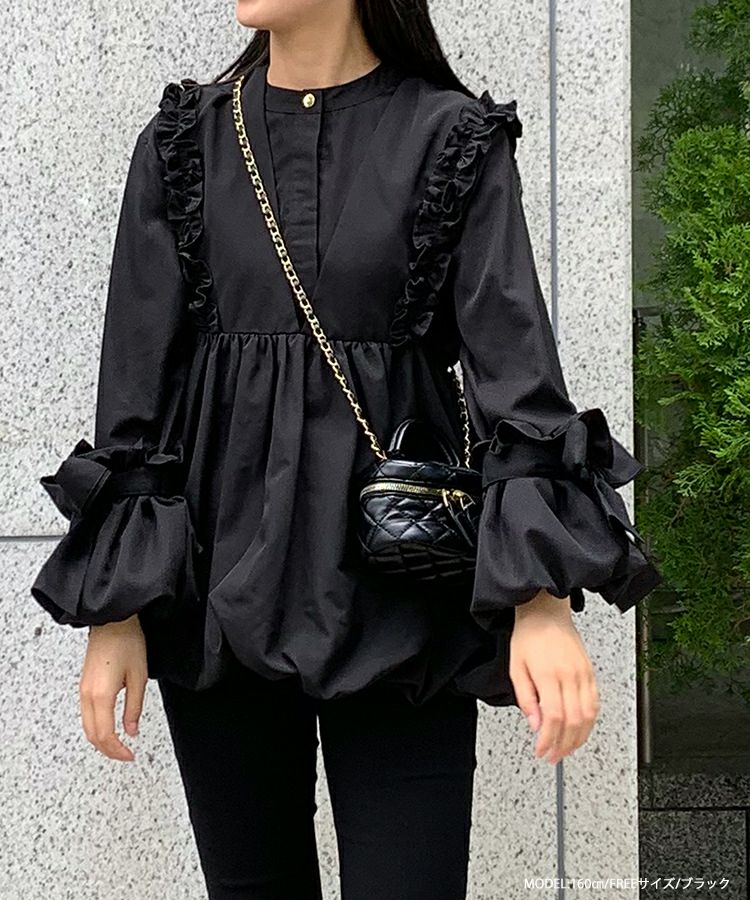 新品同様　yori リボン付きバルーンスリーブ ブラウスジャケット　黒 バルーンリボンスリーブブラウス【宅配便】 | Fit more