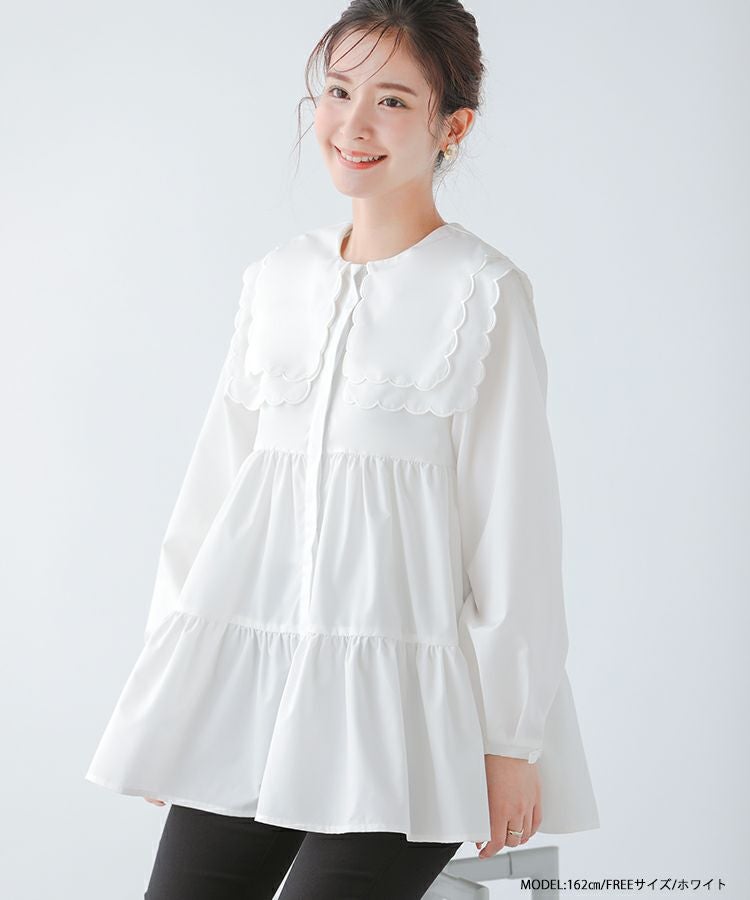 yori  スカラップカラーティアードブラウス　ホワイト Fit more（フィットモア） ブラウス シャツ ダブルスカラップカラー