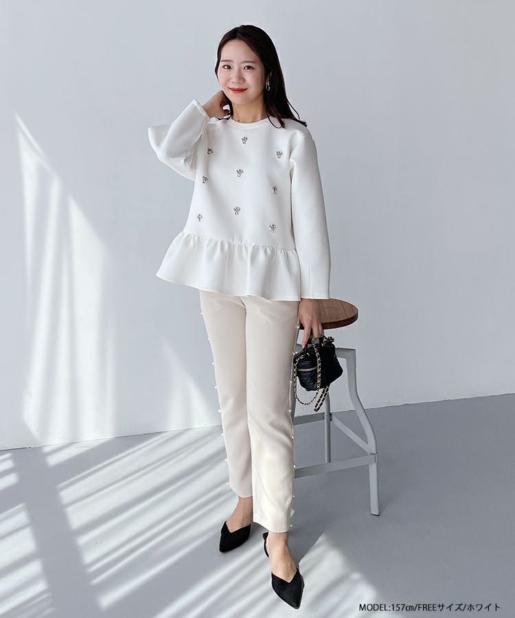 新品　フィットモア　ペプラムビジューダンボールニット　ブラック Fit more（フィットモア） ペプラムビジューダンボールニット