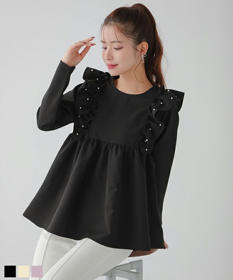 polaura 新品　 フリル付きブラックペプラムトップス ZOZO限定商品】ショルダーパールフリルペプラムトップス【宅配便