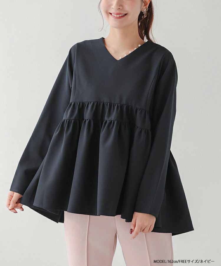 Vネックパールギャザーフレアトップス【宅配便】 | Fit more