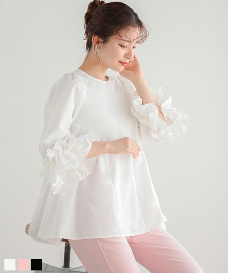 美品　COLUMN コラム　プリーツフーディブラウス　フレア袖　ホワイト ギャザーブラウス《フレアスリーブ》 (ABL24170-10) | ANCHOR WOMAN