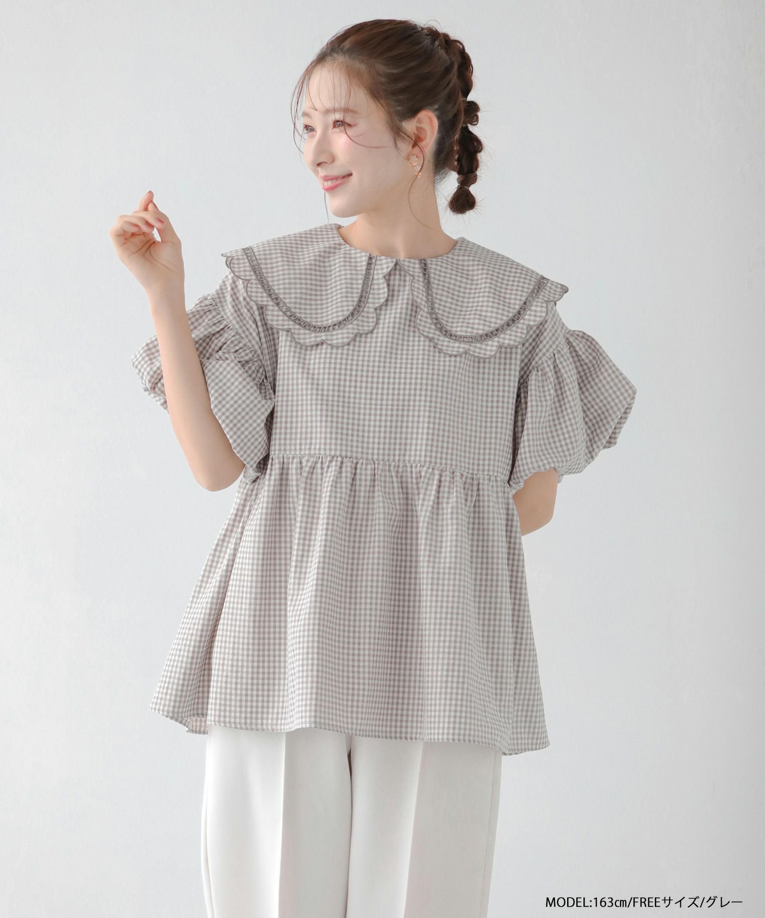 yori2023SMギンガムスカラップカットソー yori(ヨリ)の「スカラップカラーカットソー【2021SP】2月上旬入荷