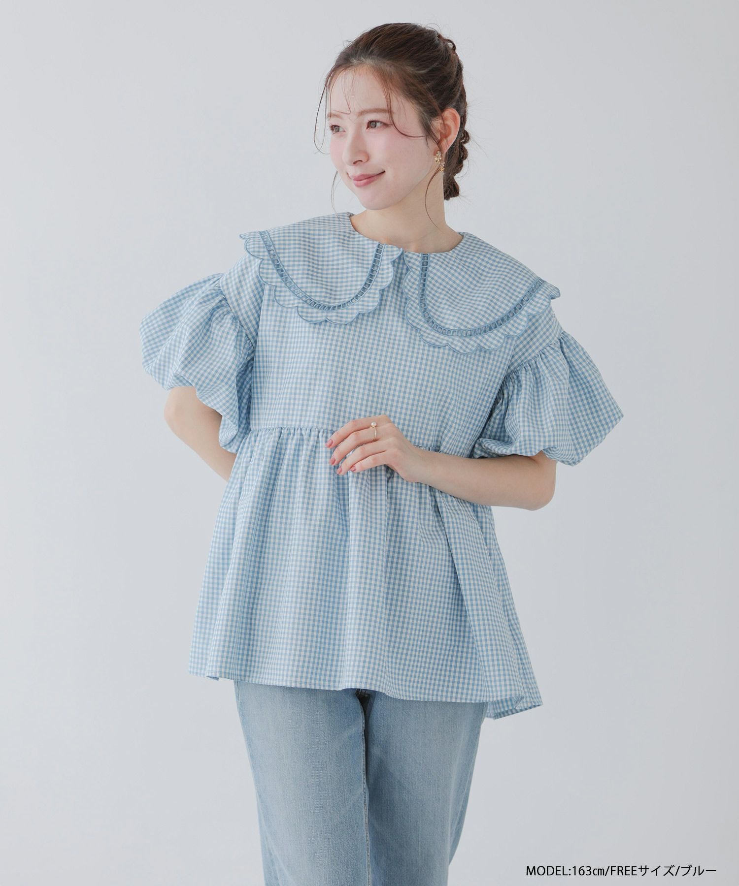 【16ss美品】ギンガムチューリップスリーブブラウス チューリップスリーブスカラップネックブラウス（シャツ/ブラウス