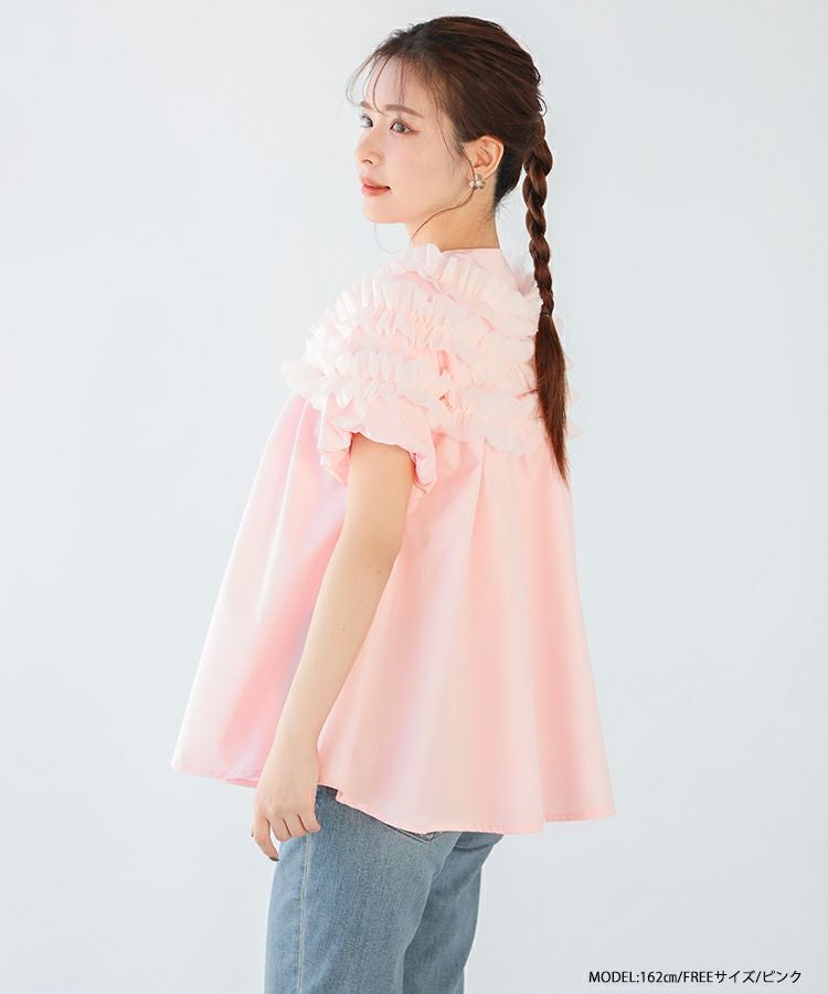 【新品】Fit more チュールレースフリルブラウス セール】【ZOZO限定商品】チュールレースフリルブラウス（Tシャツ