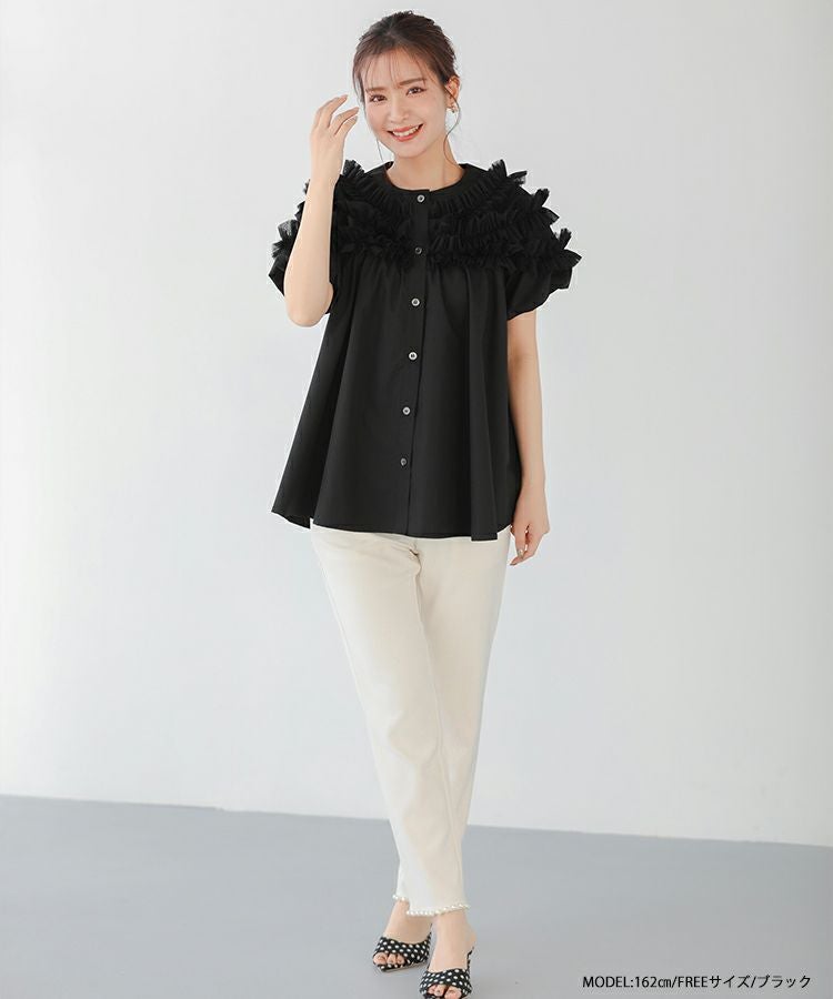 【新品未使用】 fit more / チュールレースフリルブラウス セール】【ZOZO限定商品】チュールレースフリルブラウス（Tシャツ