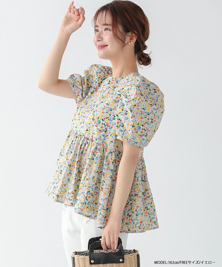 新品　フィットモア　fitmore 花柄ペプラムボリュームスリーブトップス セール】花柄ペプラムボリュームスリーブトップス（シャツ/ブラウス