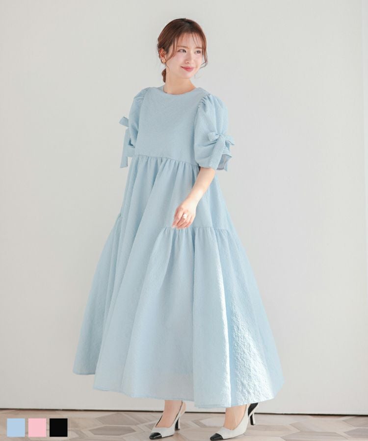 【美品】オープンショルダージャガードワンピース リボン 水色 オケージョン 袖リボンジャガードワンピース【宅配便】 | Fit more