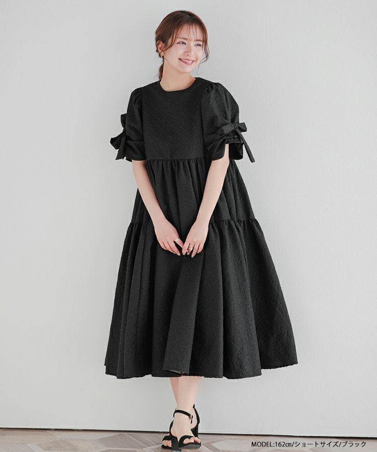 フィットモア　袖リボンジャガードワンピース　ピンク　ショート 袖リボンジャガードワンピース【宅配便】 | Fit more