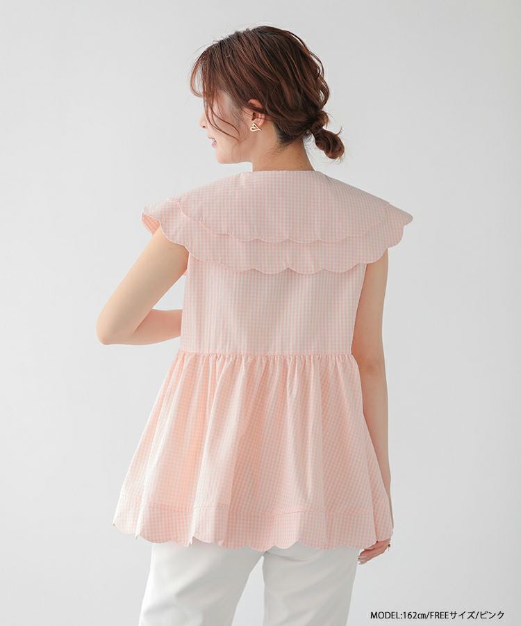 fitmore ダブルスカラップギンガムチェックブラウス　ブラック Fit more（フィットモア） ブラウス シャツ ダブルスカラップギンガム