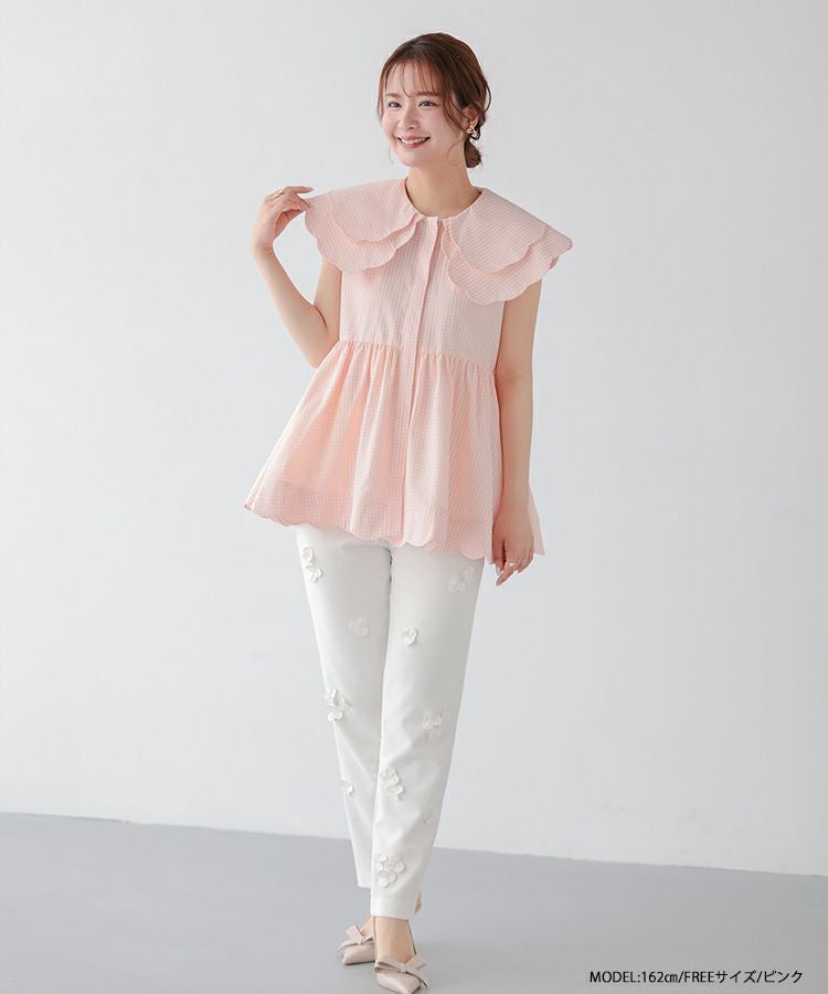 fitmore ダブルスカラップギンガムチェックブラウス　ブラック Fit more（フィットモア） ブラウス シャツ ダブルスカラップギンガム
