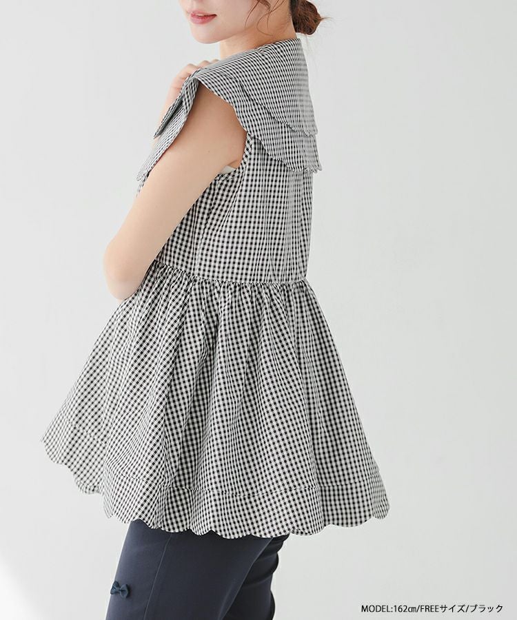 【Fit more】 フィットモア ダブルスカラップギンガムチェックブラウス Fit more（フィットモア） ブラウス シャツ ダブルスカラップギンガム