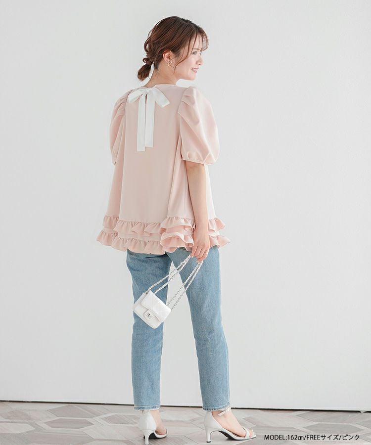 ZOZOTOWN限定】2段フリルバックリボンプルオーバーハーフスリーブ 