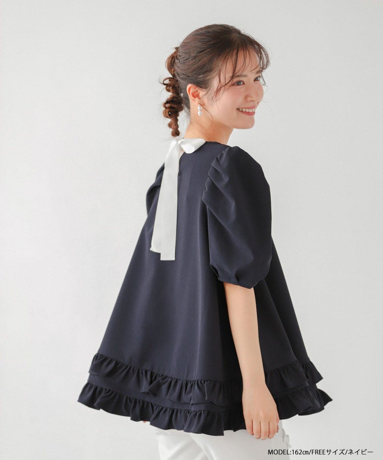 ZOZOTOWN限定】2段フリルバックリボンプルオーバーハーフスリーブ 