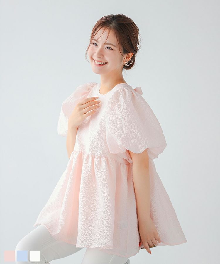 fitmore♡ボリュームスリーブジャガードブラウス バックリボンボリュームスリーブジャガードトップス【宅配便】 | Fit more
