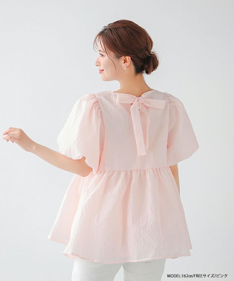 Fit more バックリボンボリュームスリーブジャガードトップス バックリボンボリュームスリーブジャガードトップス【宅配便】 | Fit more