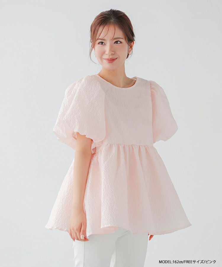 バックリボンボリュームスリーブジャガードトップス【宅配便】 | Fit more