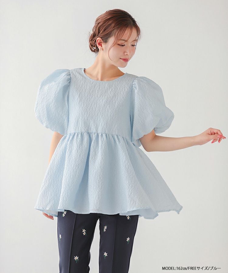 fitmoreフィットモア　バックリボンボリュームスリーブジャガードトップス バックリボンボリュームスリーブジャガードトップス【宅配便】 | Fit more