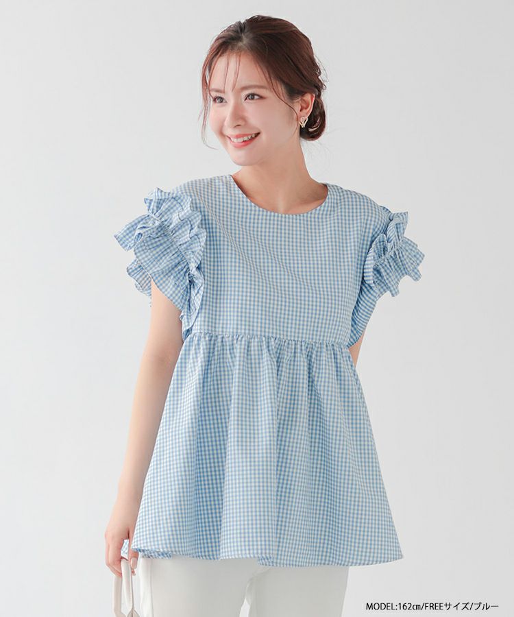 fitmore ペプラムギンガムチェックリボントップス 袖フリルギンガムペプラムブラウス【宅配便】 | Fit more