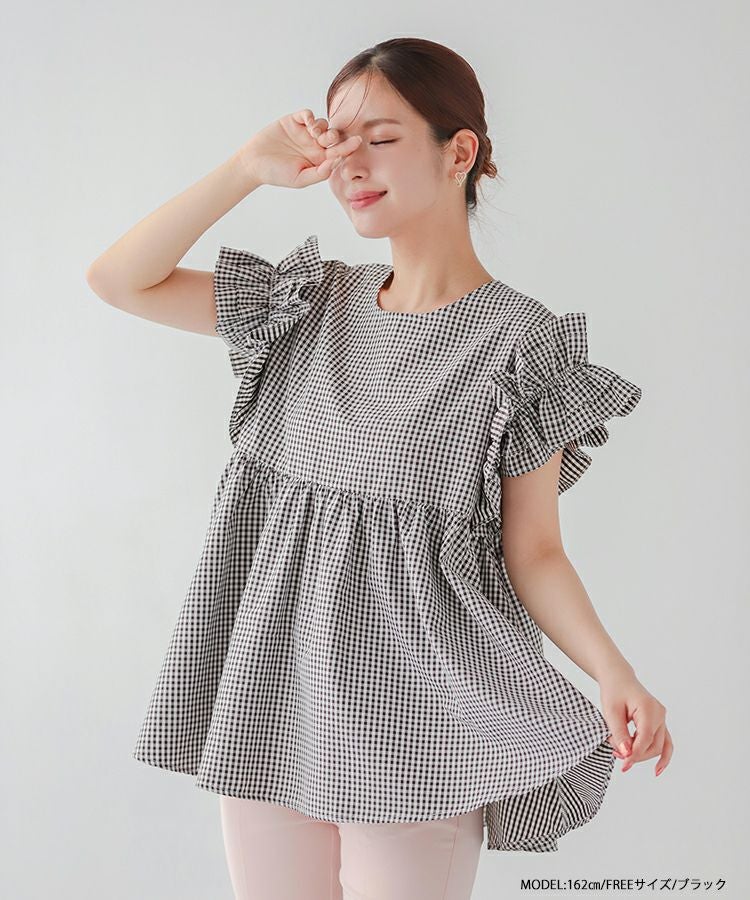 【Fit more】袖フリルギンガムペプラムブラウス 袖フリルギンガムペプラムブラウス【宅配便】 | Fit more