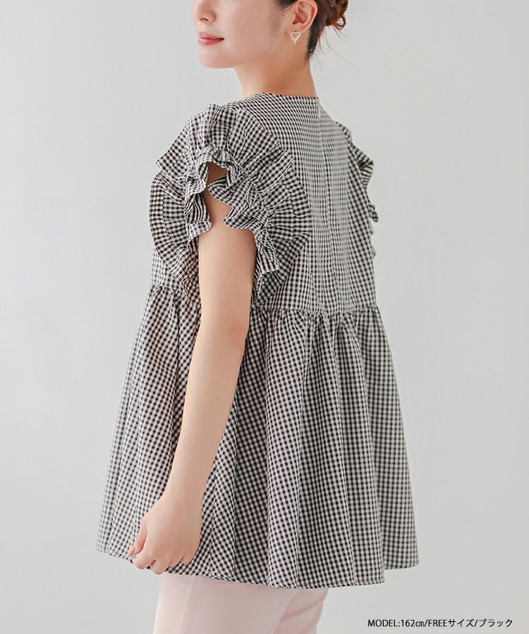 fitmore ペプラムギンガムチェックリボントップス 袖フリルギンガムペプラムブラウス【宅配便】 | Fit more