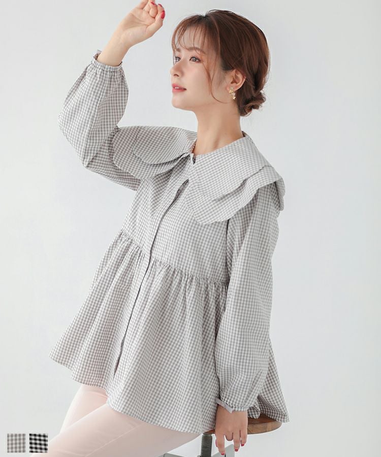 Fitmore ダブルスカラップギンガムチェックブラウス　グレー ダブルスカラップギンガムブラウス【宅配便】 | Fit more