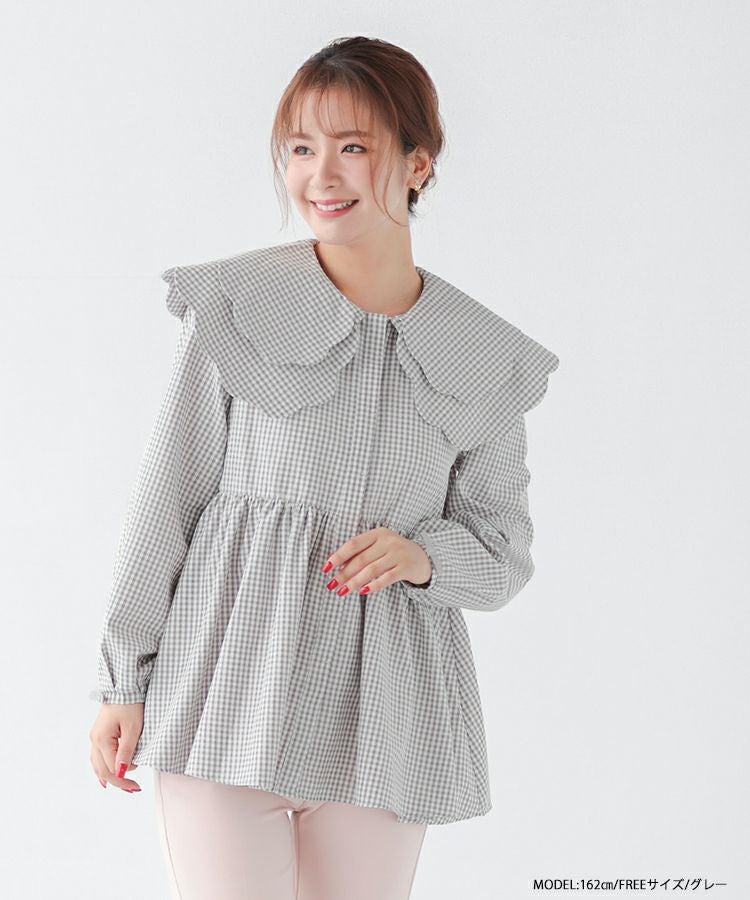 fitmore ダブルスカラップギンガムチェックブラウス　ブラック Fit more（フィットモア） ブラウス シャツ ダブルスカラップギンガム