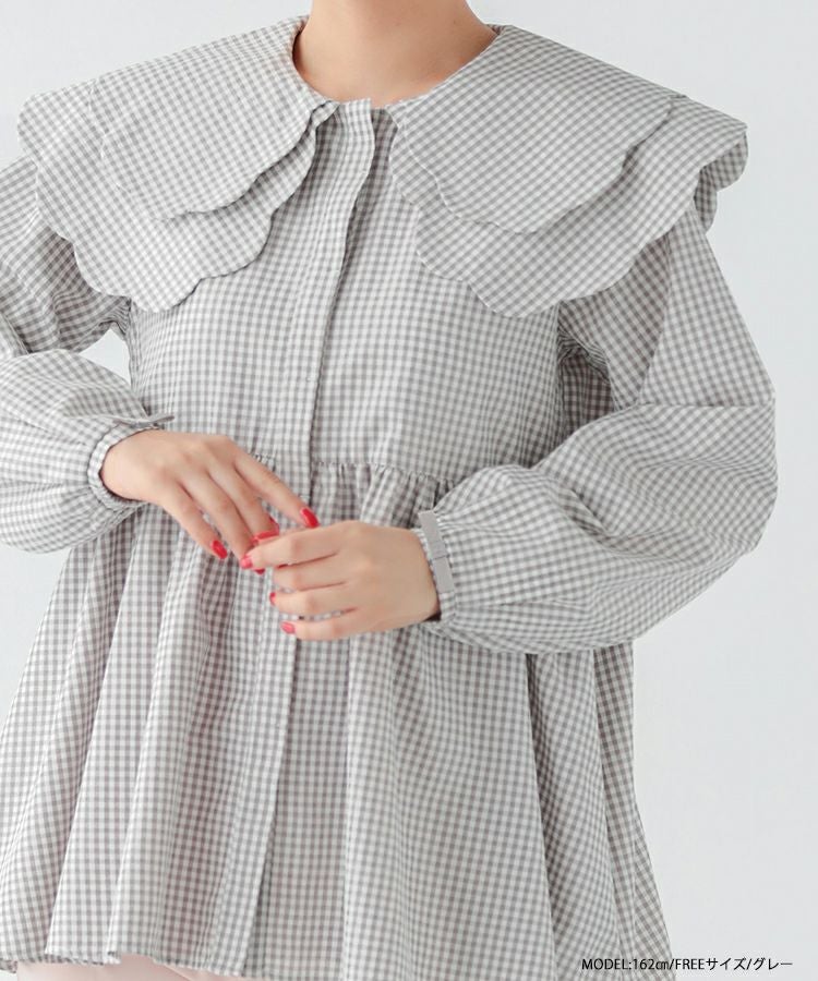 【完売商品】Fitmore ダブルスカラップギンガムブラウス Fit more（フィットモア） ブラウス シャツ ダブルスカラップギンガム