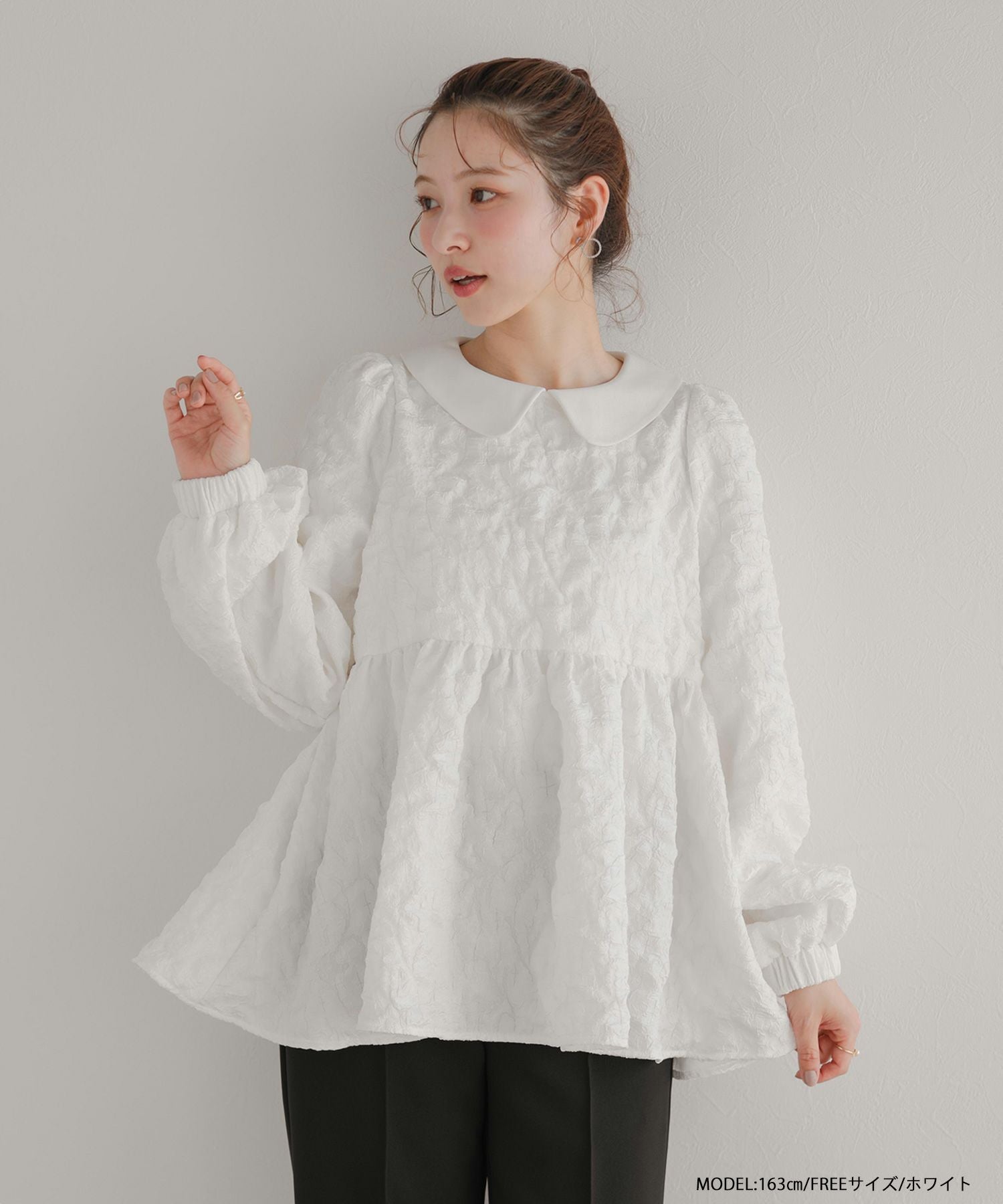 ジャカードペプラムトップス M/L オフホワイト Fit more（フィットモア） ジャガードカシュクールペプラムトップス