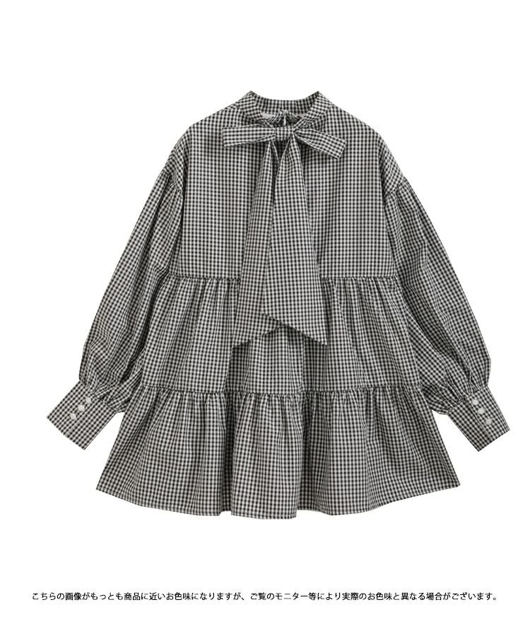 リボンタイチェック柄ティアード長袖ブラウス【宅配便】 | Fit more