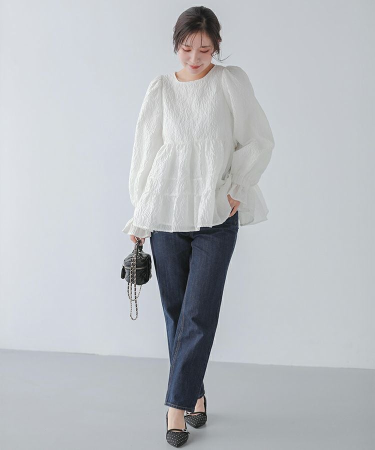 fitmore♡ボリュームスリーブジャガードブラウス バックリボンボリュームスリーブジャガードトップス【宅配便】 | Fit more