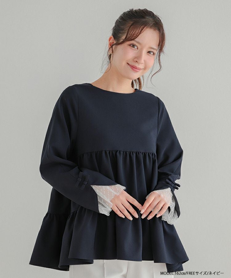 袖リボンドットチュールティアードトップス【宅配便】 | Fit more