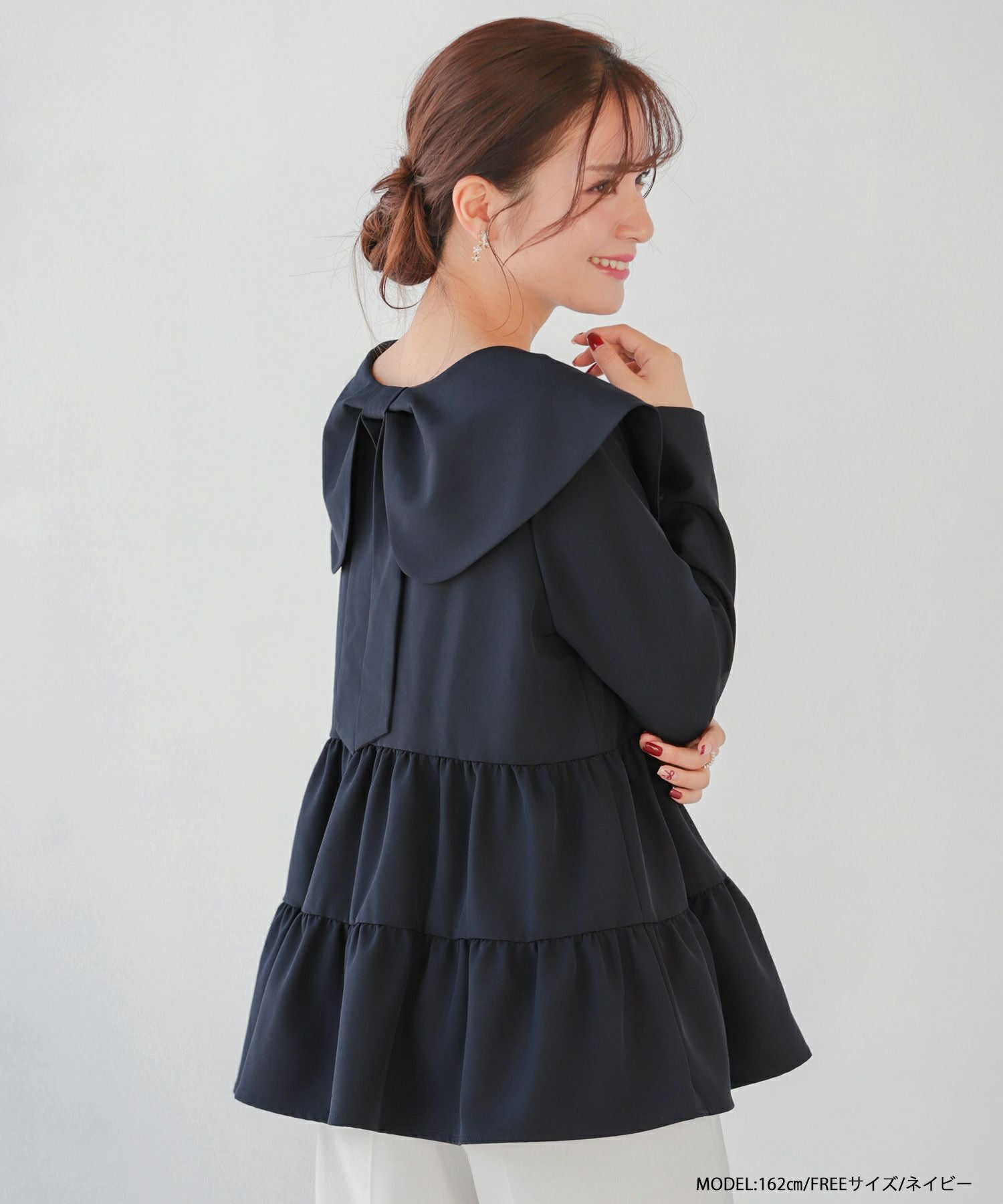 バックリボンパールブラウス ZOZO限定商品】バックリボンカラーパールボタンペプラムブラウス【宅配
