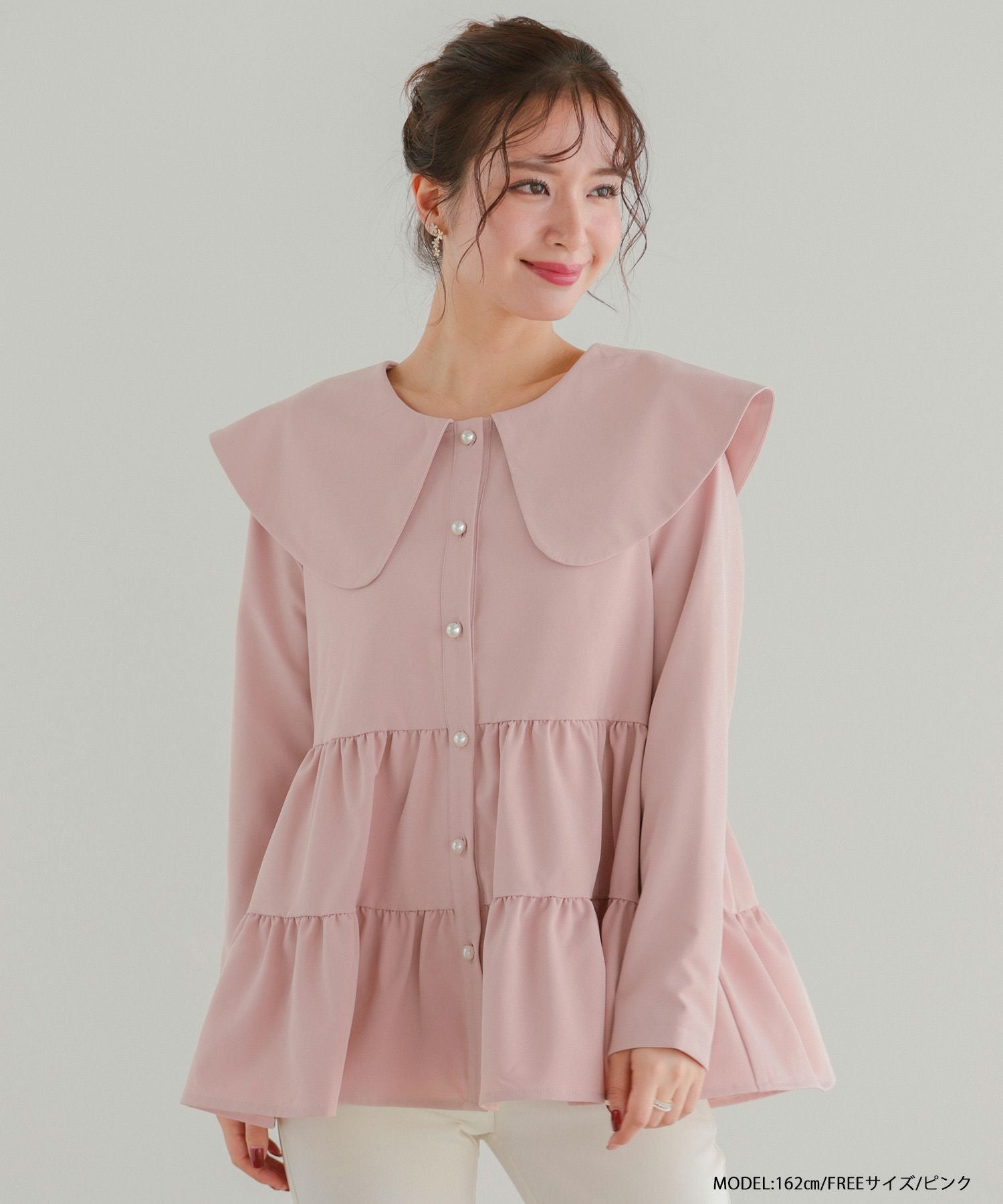 バックリボンパールブラウス ZOZO限定商品】バックリボンカラーパールボタンペプラムブラウス【宅配