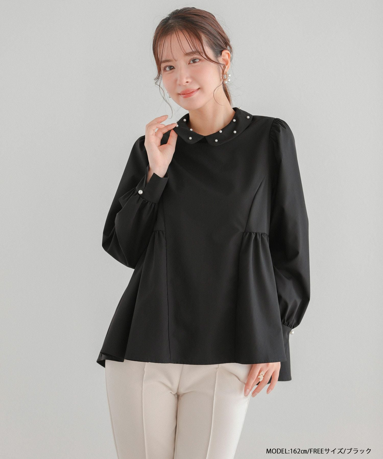 hue DAY TO EVENING 38 ペプラム トップス パール 長袖 黒 パール襟ペプラム長袖トップス【宅配便】 | Fit more