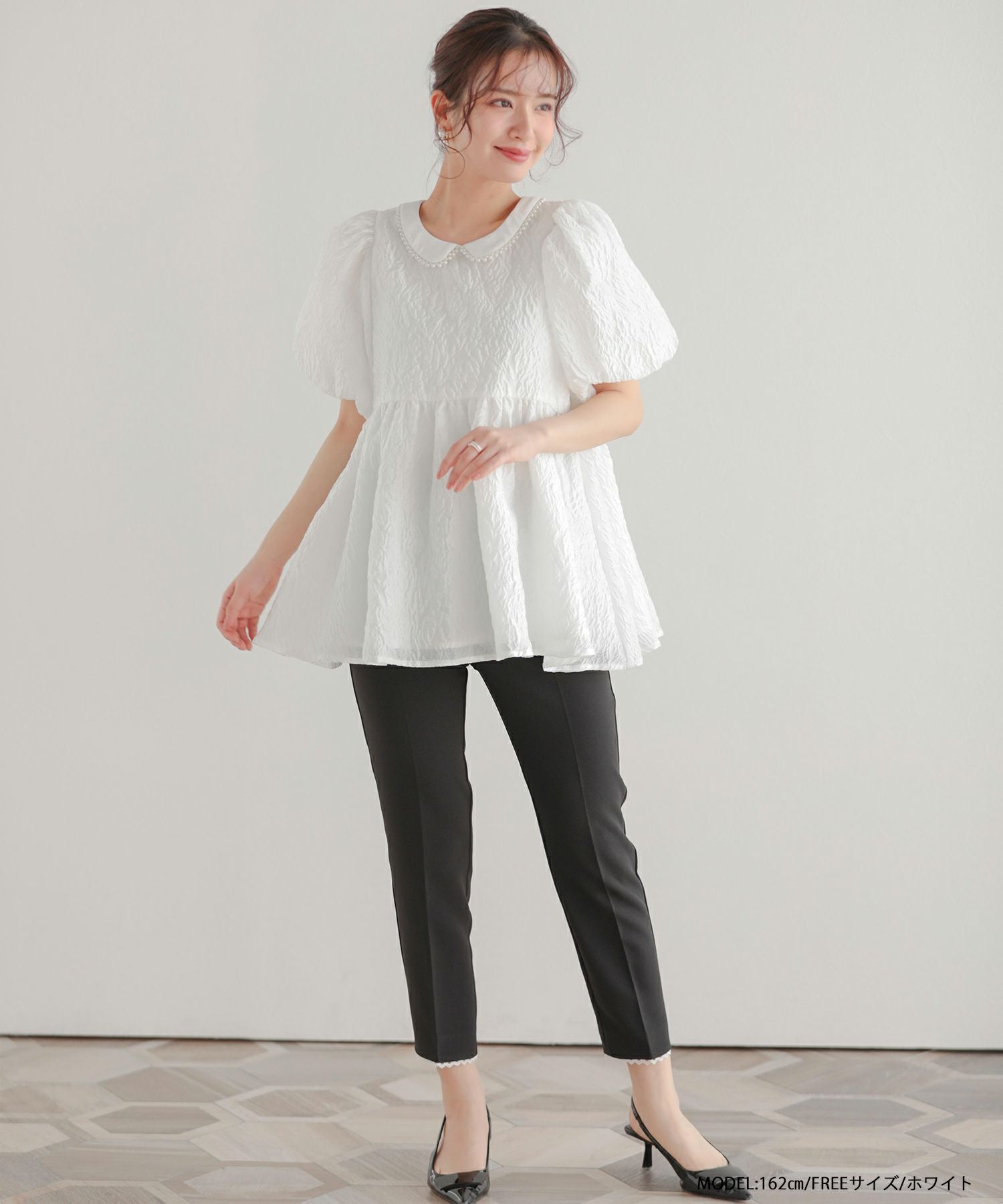fitmore Pop up先行販売品　パール襟ジャガードペプラムトップス Fit more（フィットモア） ジャガードレース襟ペプラムトップス