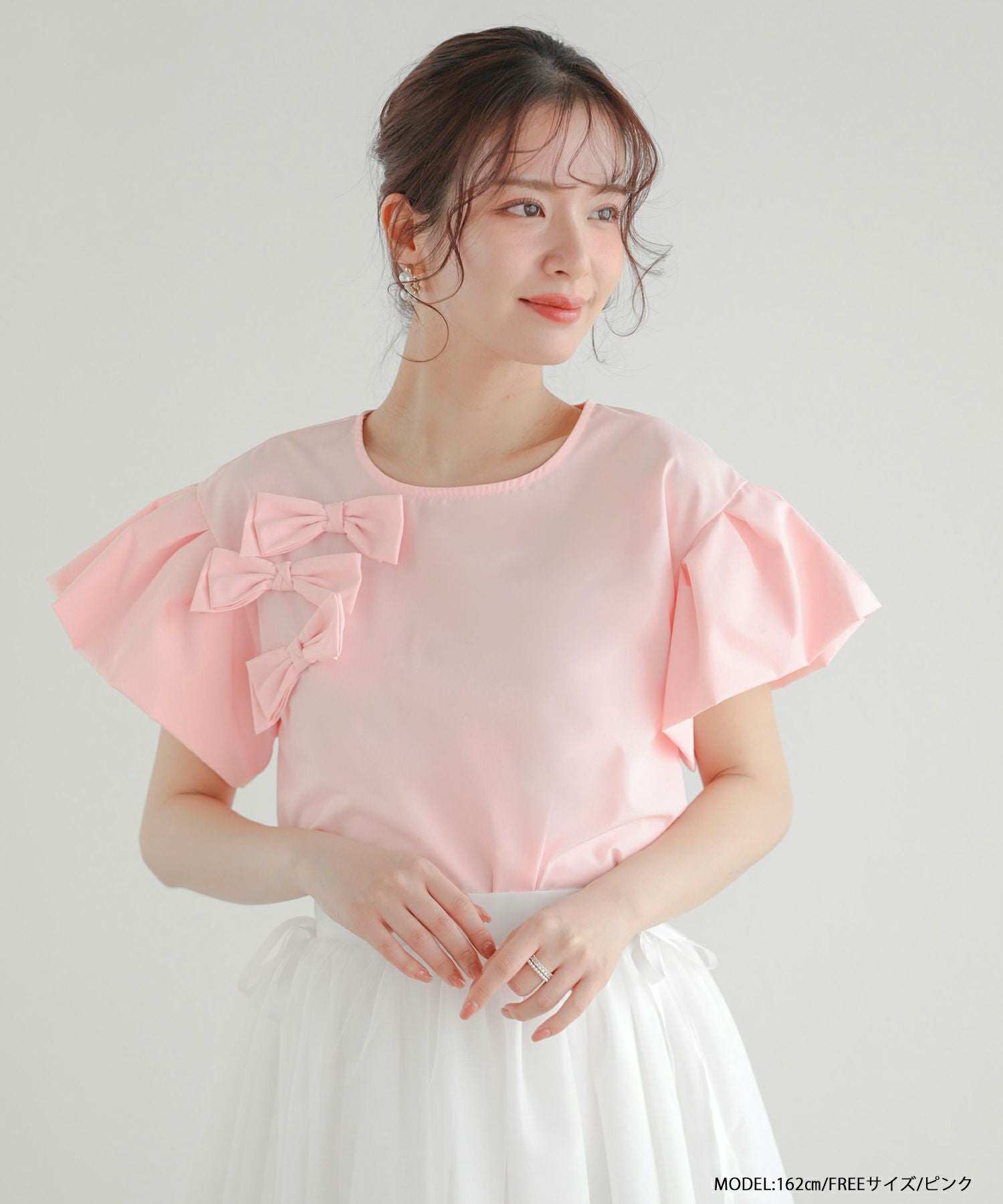 chia　PLEATS PLEASE フリルスリーブ トップス ピンク フリルスリーブリボントップス【宅配便】 | Fit more