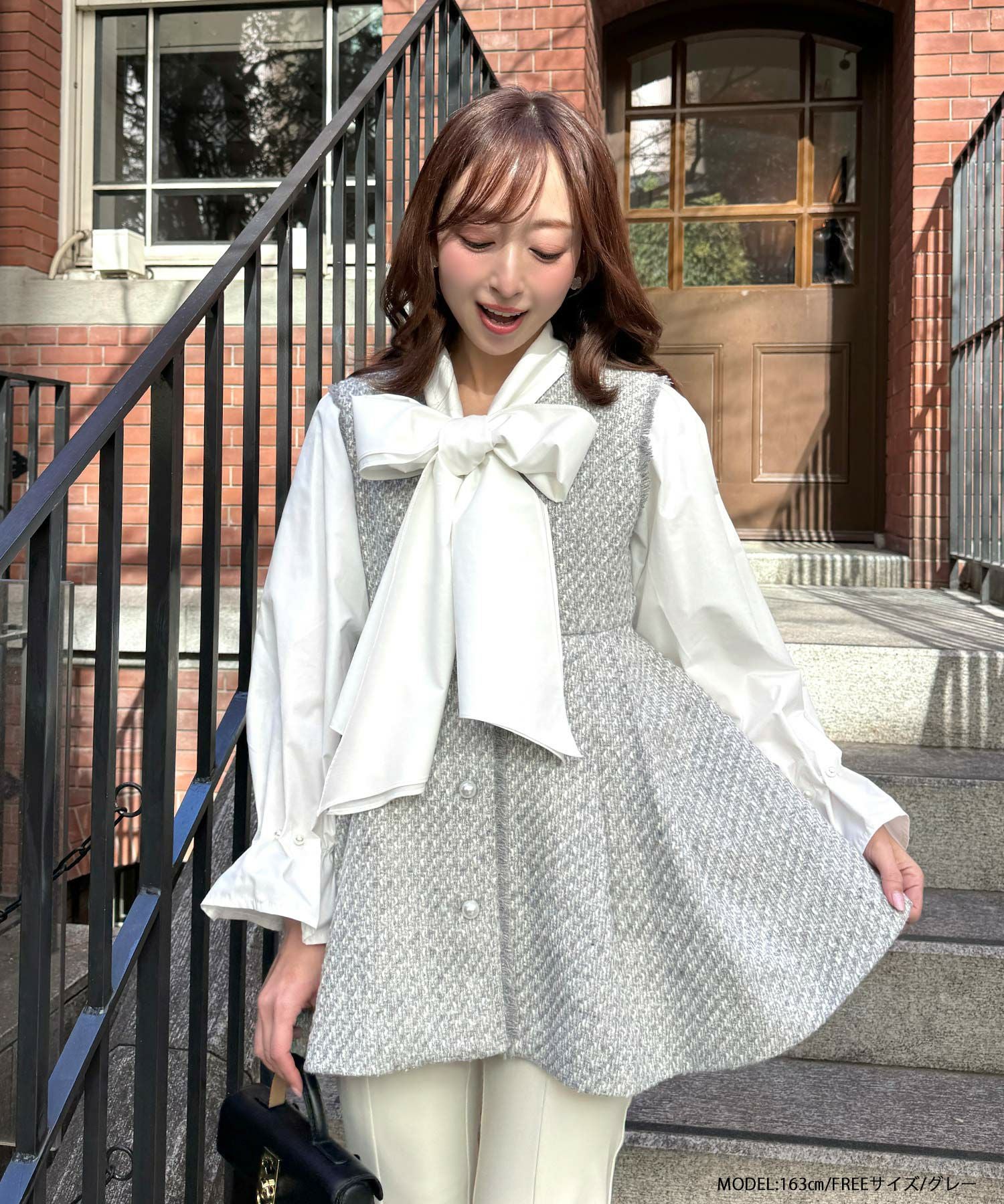 Fit more MIKIコラボ！パールボタンツイードペプラムジレ MIKIコラボ！パールボタンツイードペプラムジレ【宅配便】 | Fit more