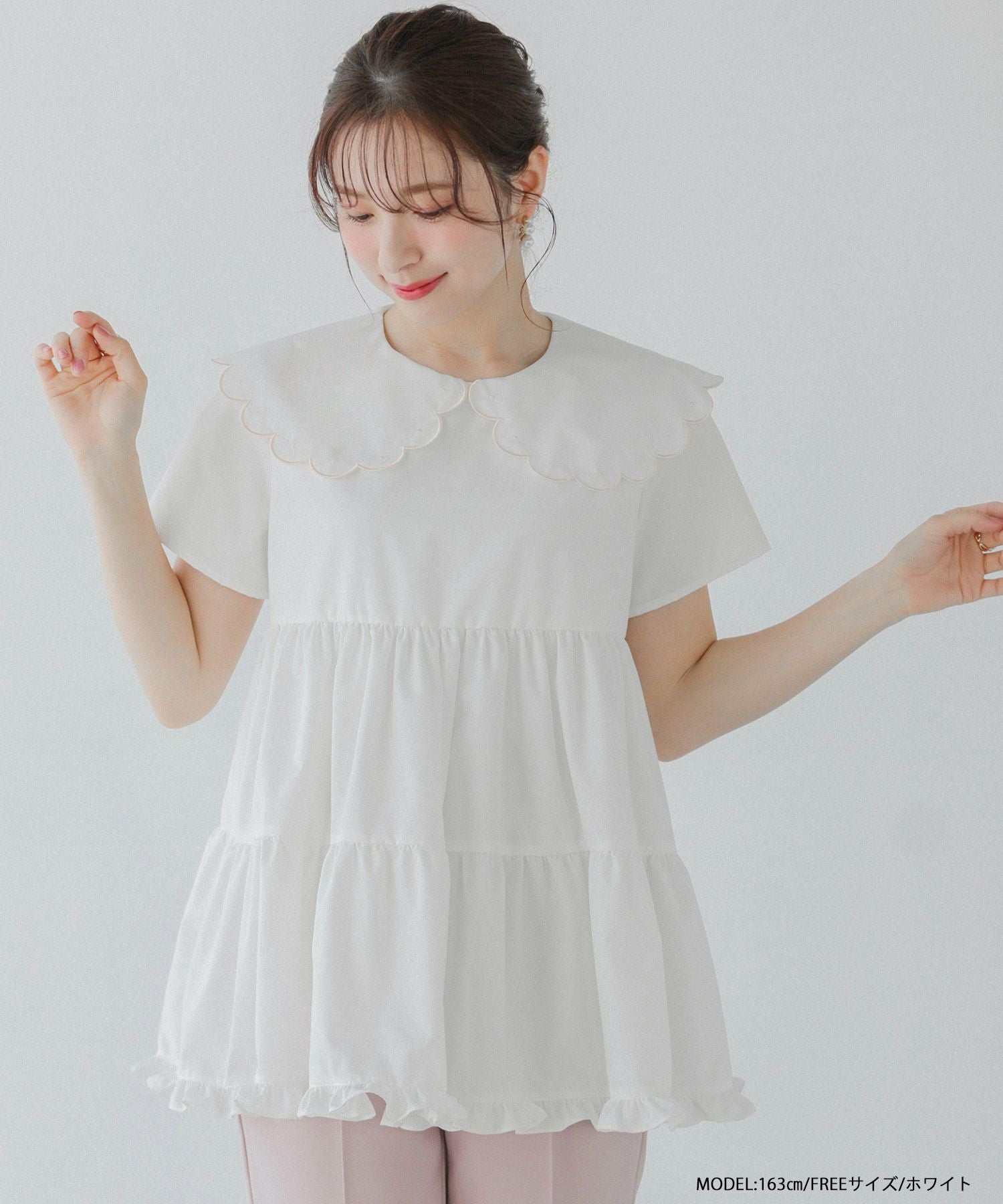 ドット刺繍スカラップカラーギャザートップス【宅配便】 | Fit more