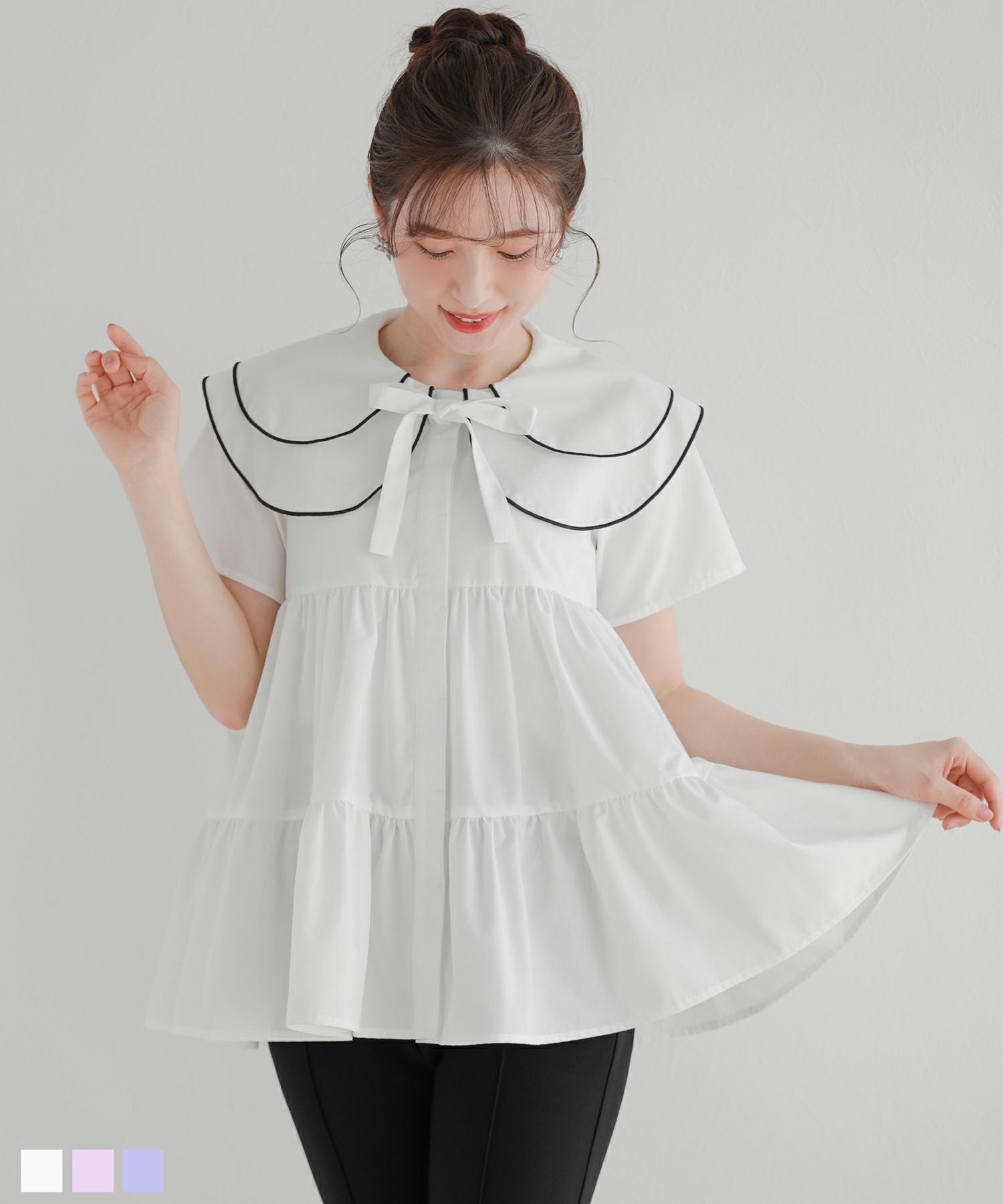 刺繍ダブルカラーレイヤードトップス【宅配便】 | Fit more