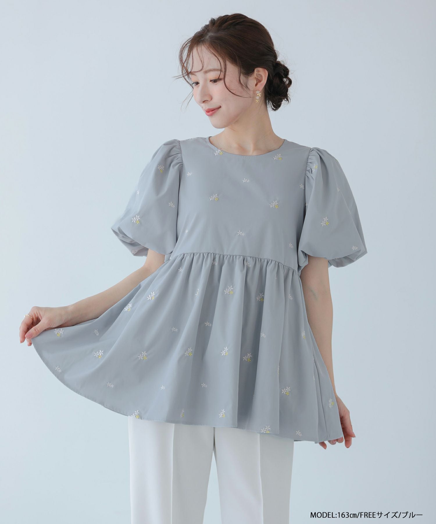 フラワー刺繍バルーンスリーブペプラムトップス【宅配便】 | Fit more