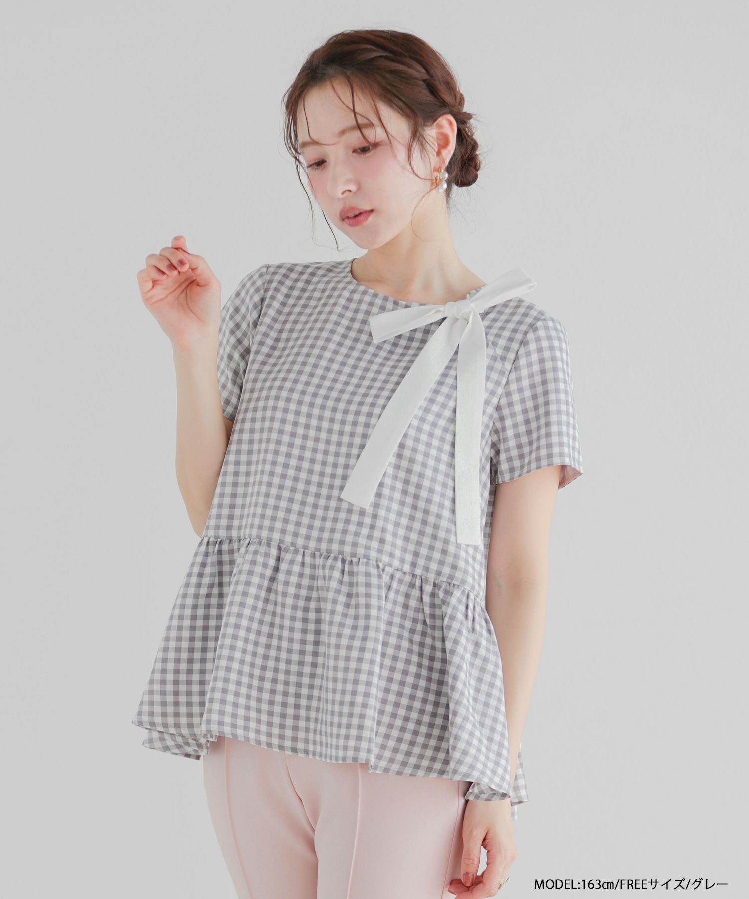 【新品タグ付き】Fitmore ショルダーリボンギンガムAライントップス ギンガムリボンギャザートップス【宅配便】 | Fit more