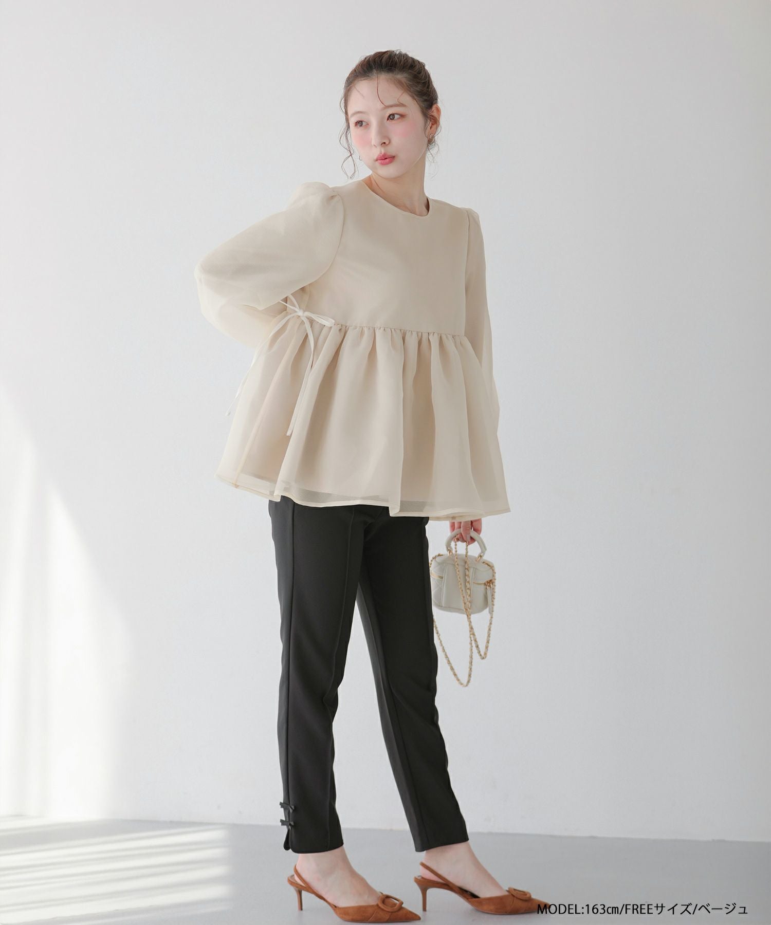 クリンクルシアーオーガンジーボリュームスリーブトップス【宅配便