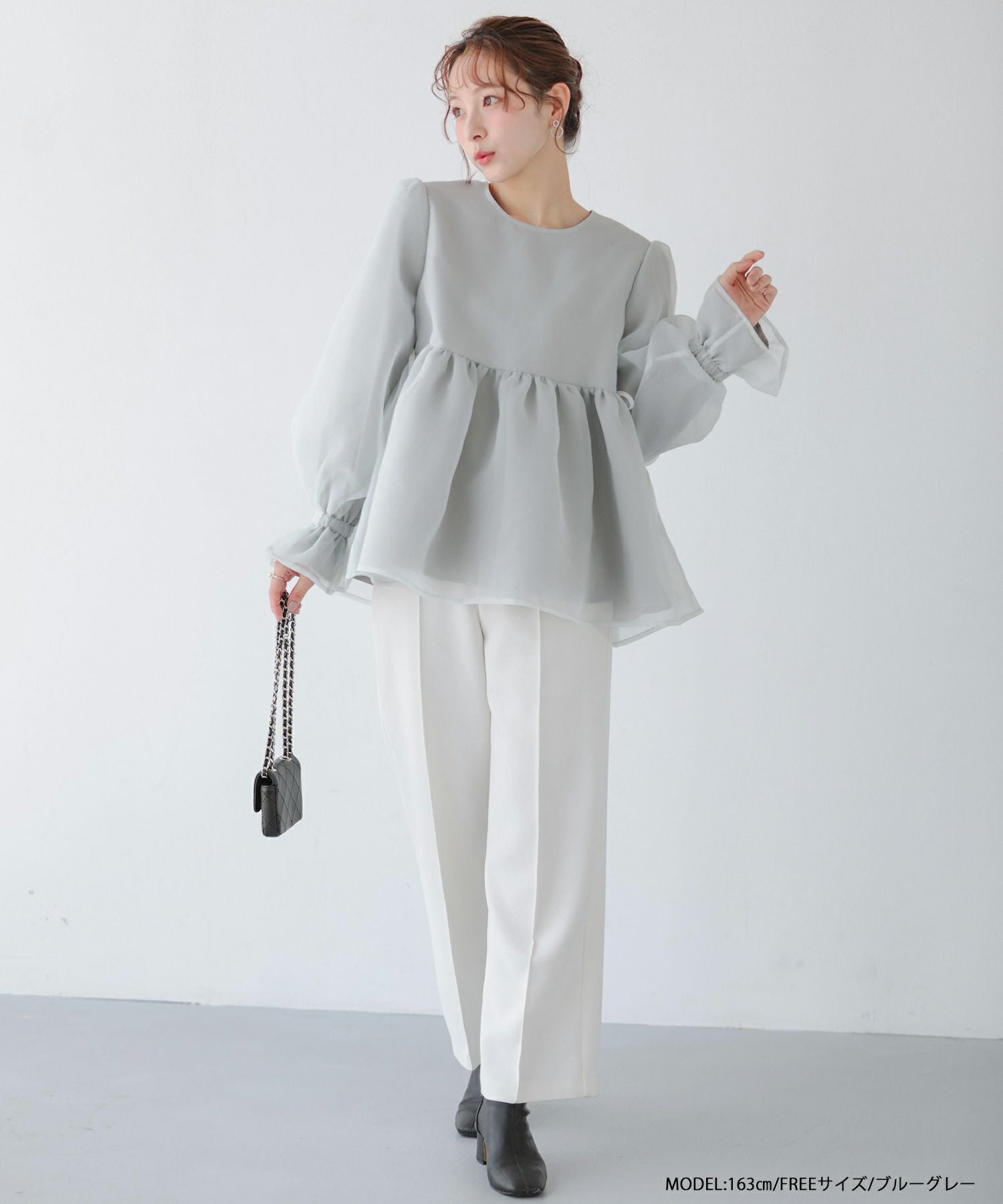 クリンクルシアーオーガンジーボリュームスリーブトップス【宅配便