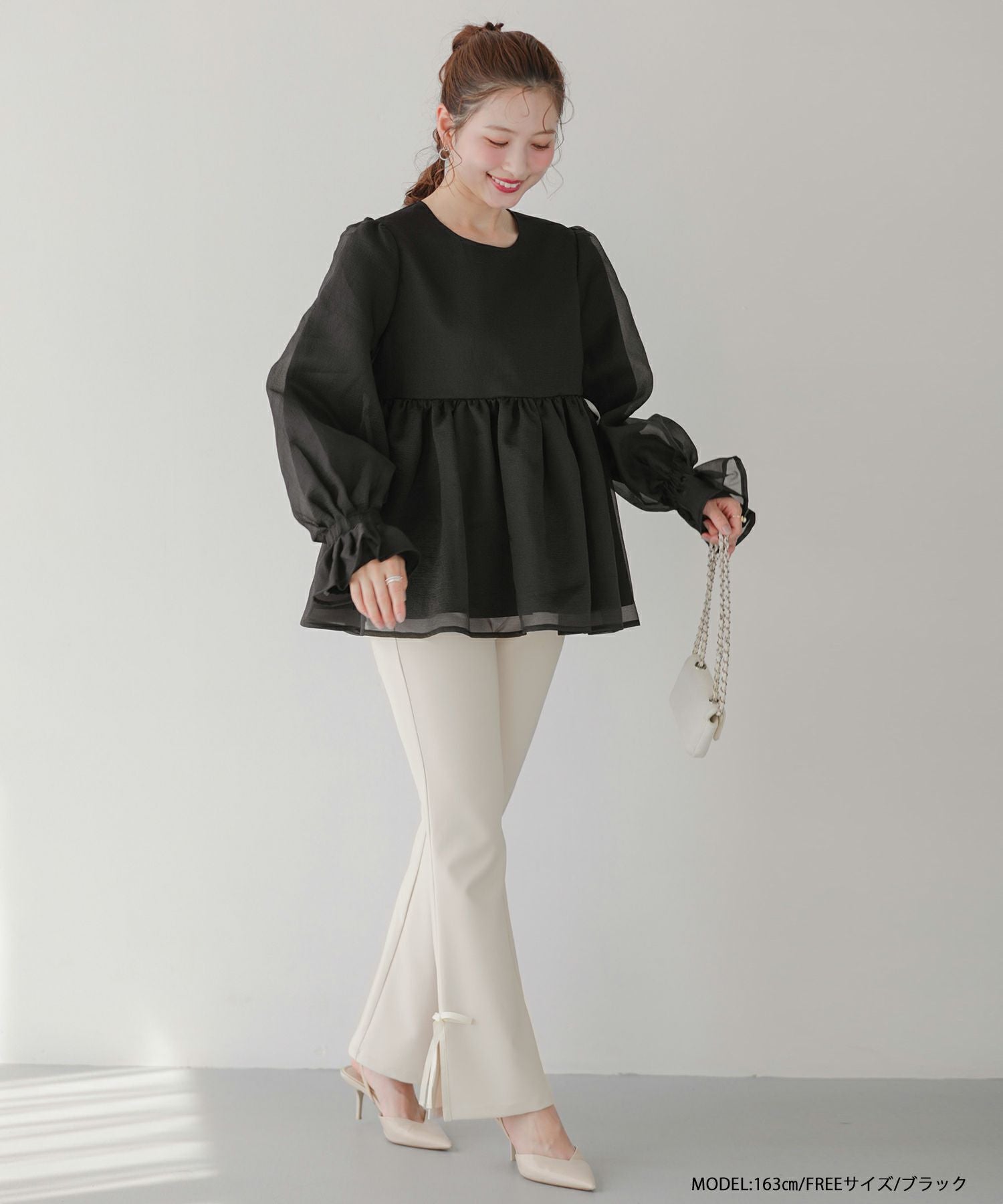 クリンクルシアーオーガンジーボリュームスリーブトップス【宅配便