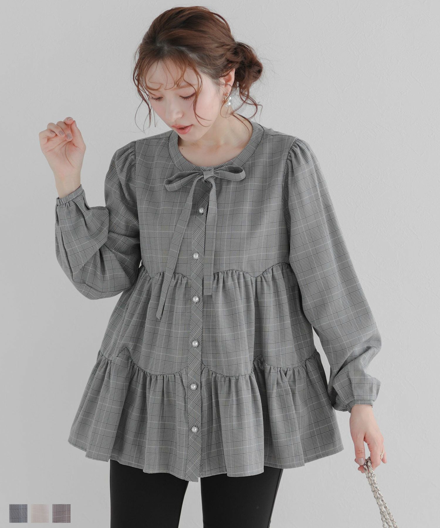 リボンタイチェック柄ティアード長袖ブラウス【宅配便】 | Fit more